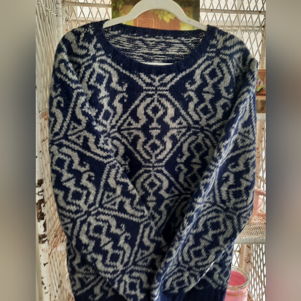 HandKnitted Shetland Wool Sweater Vintage 1990's J. CREW Mosaic Design L-XL
